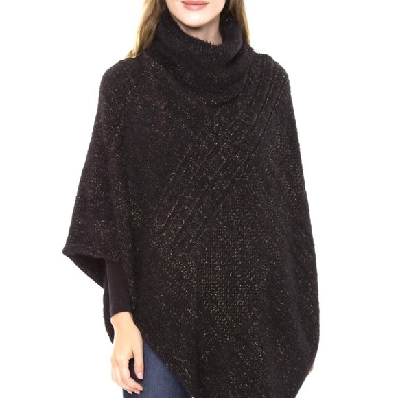 WOMENS BLACK LUREX KNITTED TURTLENECK PONCHO - OS - Picture 1 of 4